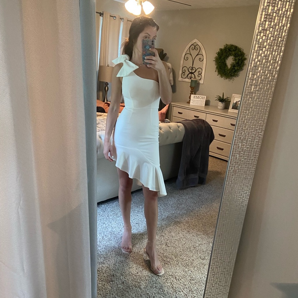 White asymmetrical bridal shower dress
